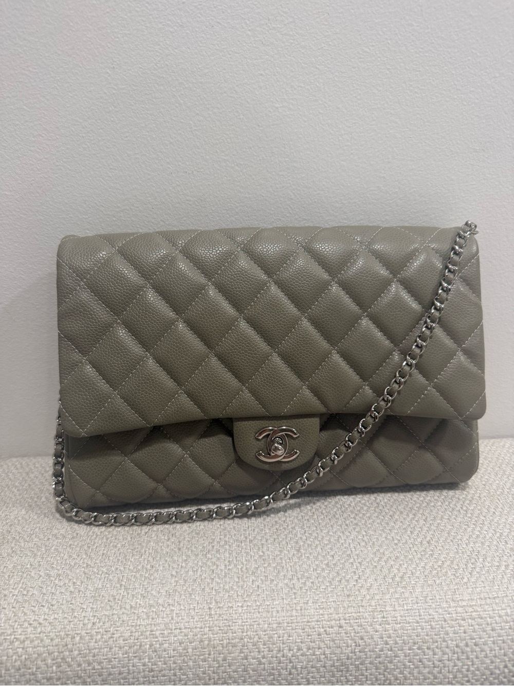 Chanel Classic Flap Bag in Taupe Quilted Caviar Leather